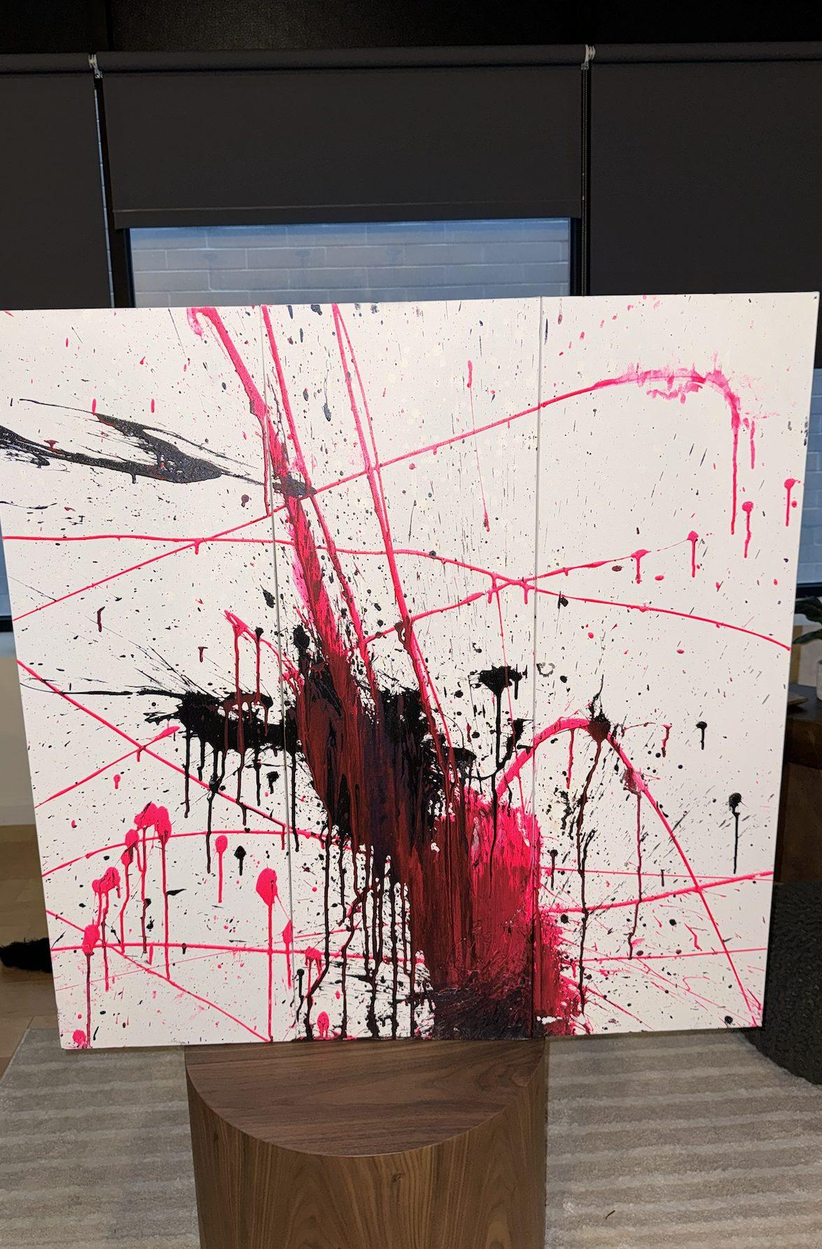 Buffalo Samurai No. 10 by Alejandro Sánchez: black ink bursts and fine pink lines on two joined white canvases