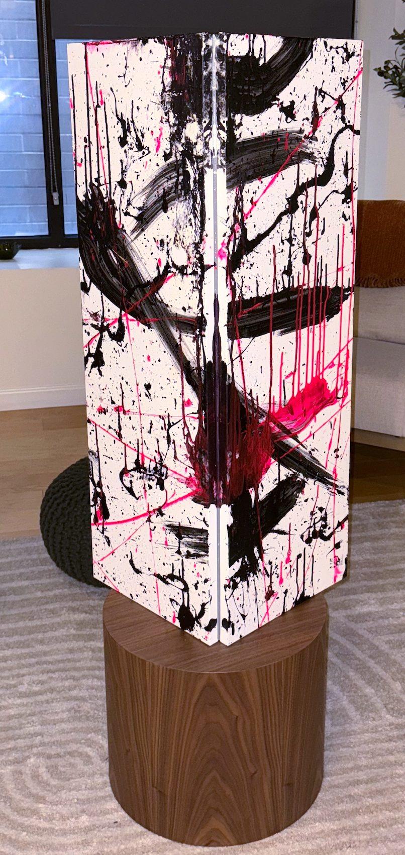 Buffalo Samurai No. 9: three tall canvases folded into a standing triangle, with black ink and pink acrylic strokes