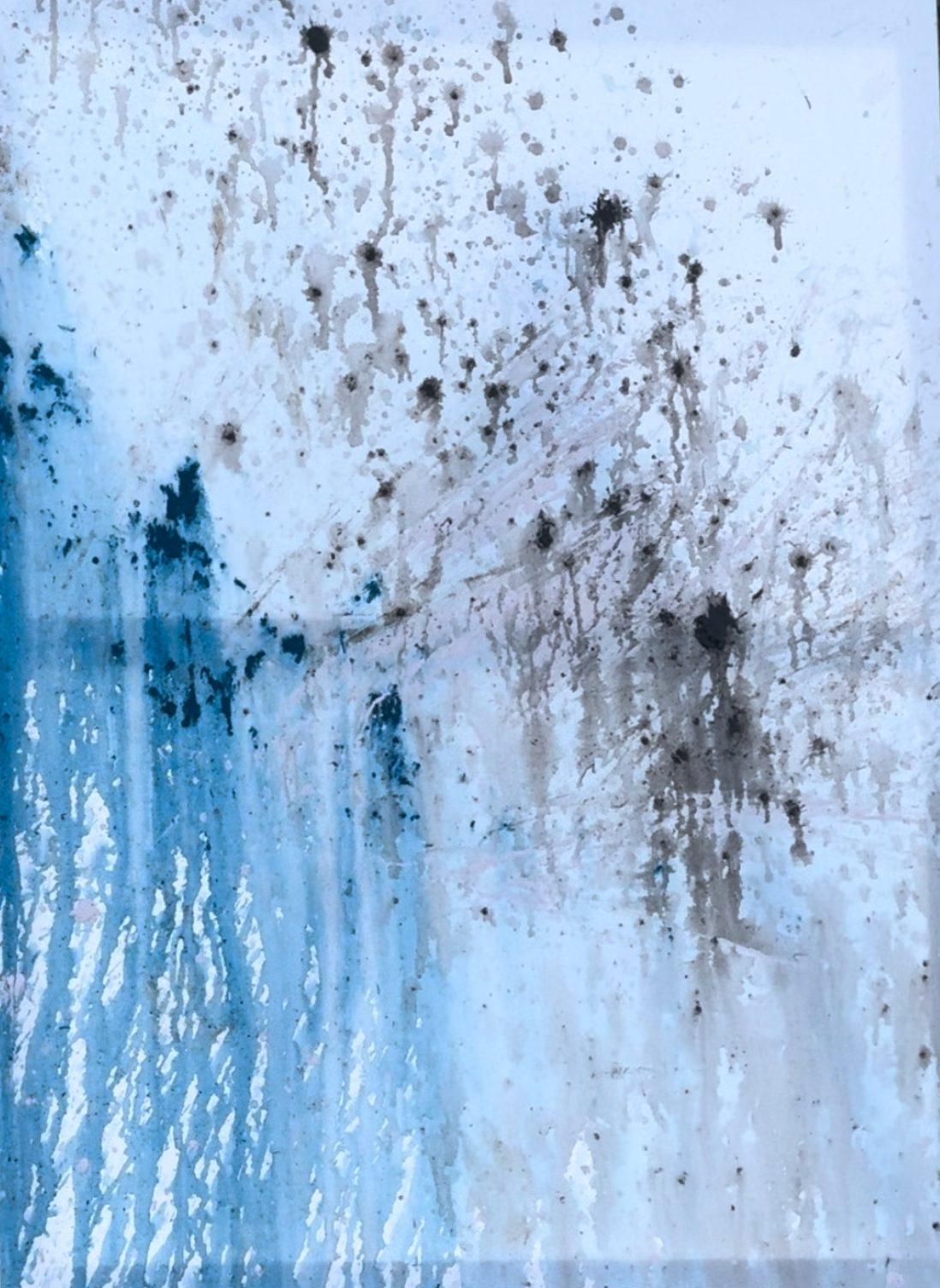 Bullet Rain by Alejandro Sánchez: ice-blue and charcoal acrylic splatter raining down a white canvas