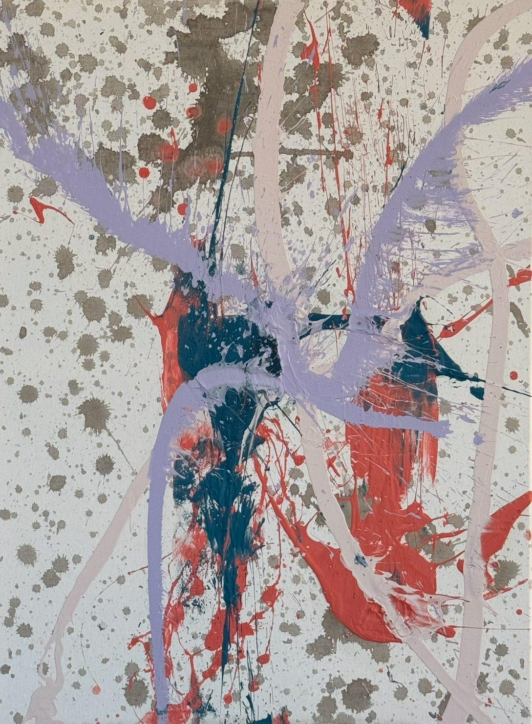 Loner by Alejandro Sánchez: lilac arcs, coral and teal acrylic with grey splashes from his painted feet, on white canvas