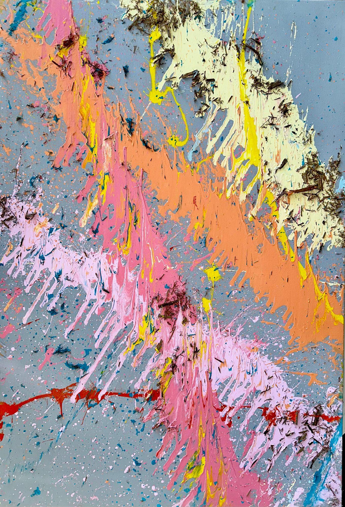 Milkshake No. 1 by Alejandro Sánchez: pink, coral and orange acrylic thrown across a grey canvas, with cream and yellow splatter