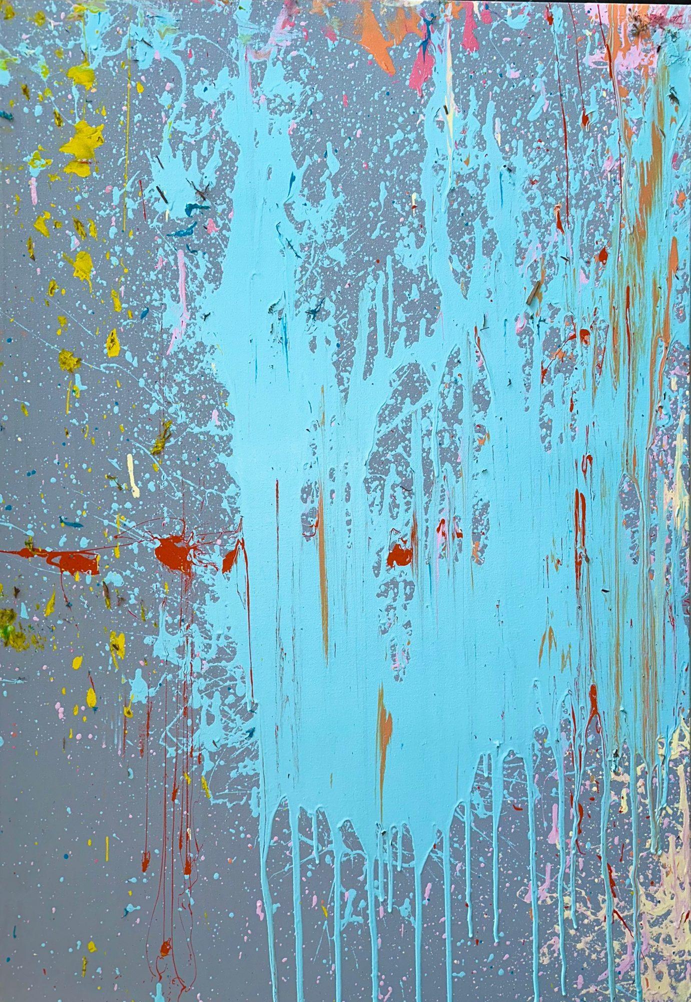 Milkshake No. 3 by Alejandro Sánchez: ice-blue acrylic poured and splashed down a grey canvas, with red and yellow flecks