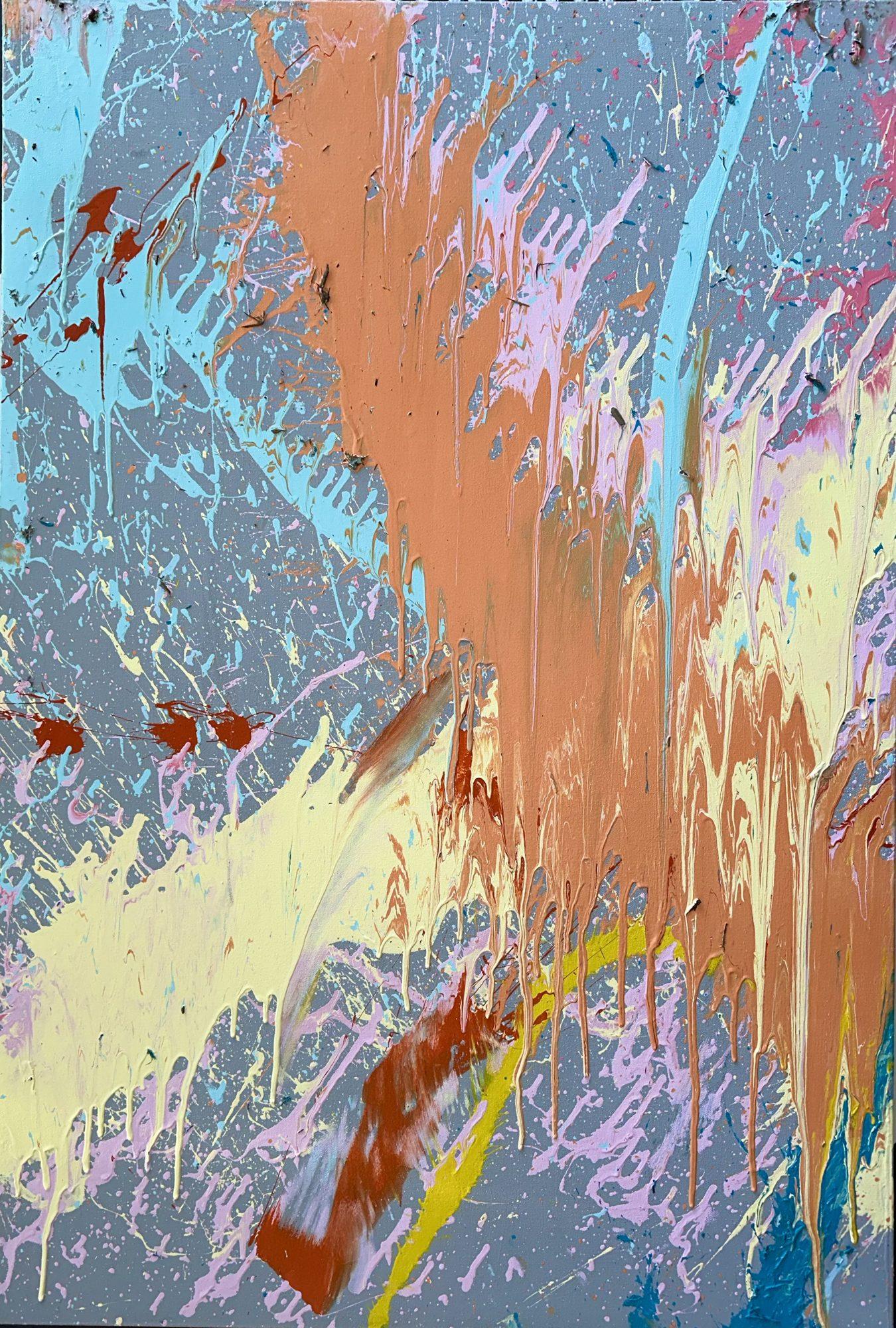 Milkshake No. 4 by Alejandro Sánchez: orange, cream and yellow acrylic sweeps on a grey canvas