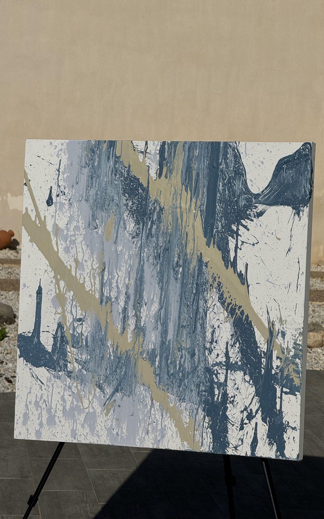 Mojácar by Alejandro Sánchez: thick slate-blue and sand acrylic dragged across a white canvas